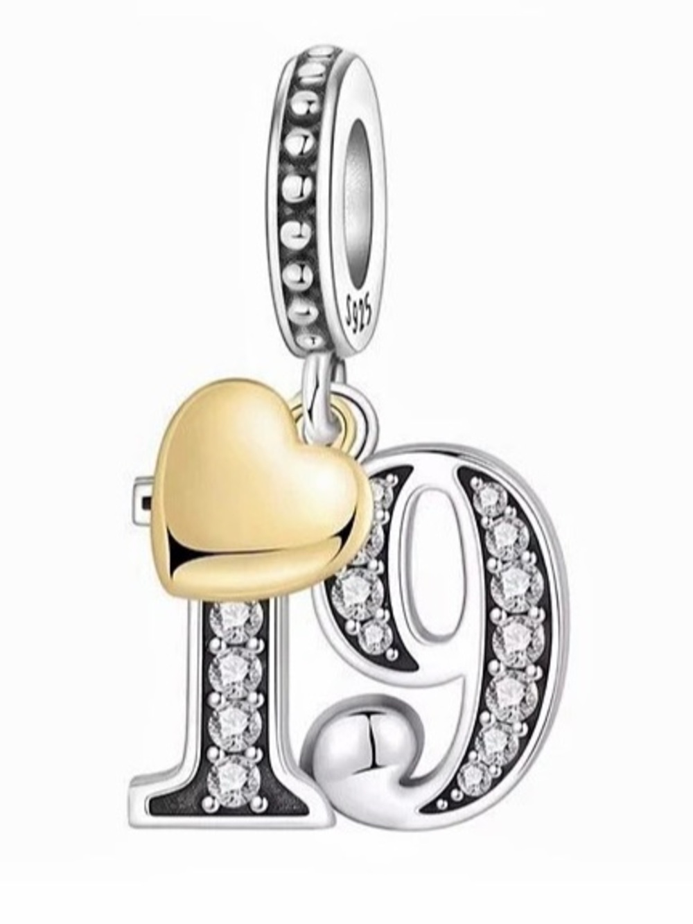 New Number 19 Dangle Charm Heart Initial Charm in Silver & Gold